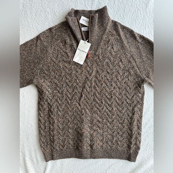 New Tommy Bahama Half‎ Zip Sweater Cable Knit Pullover Irazu Brown Men’s Medium - Picture 6 of 11